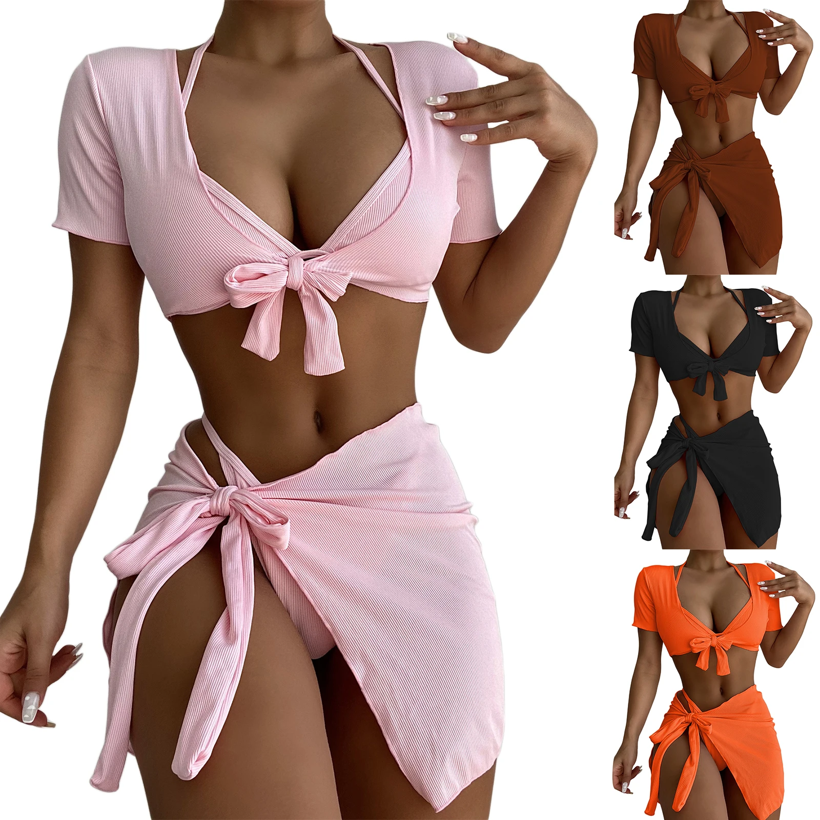 

Women Bathing Suits, Adults Tie-up Padded Solid Color Halter Bra + Crop Tops + Sarong + Thong