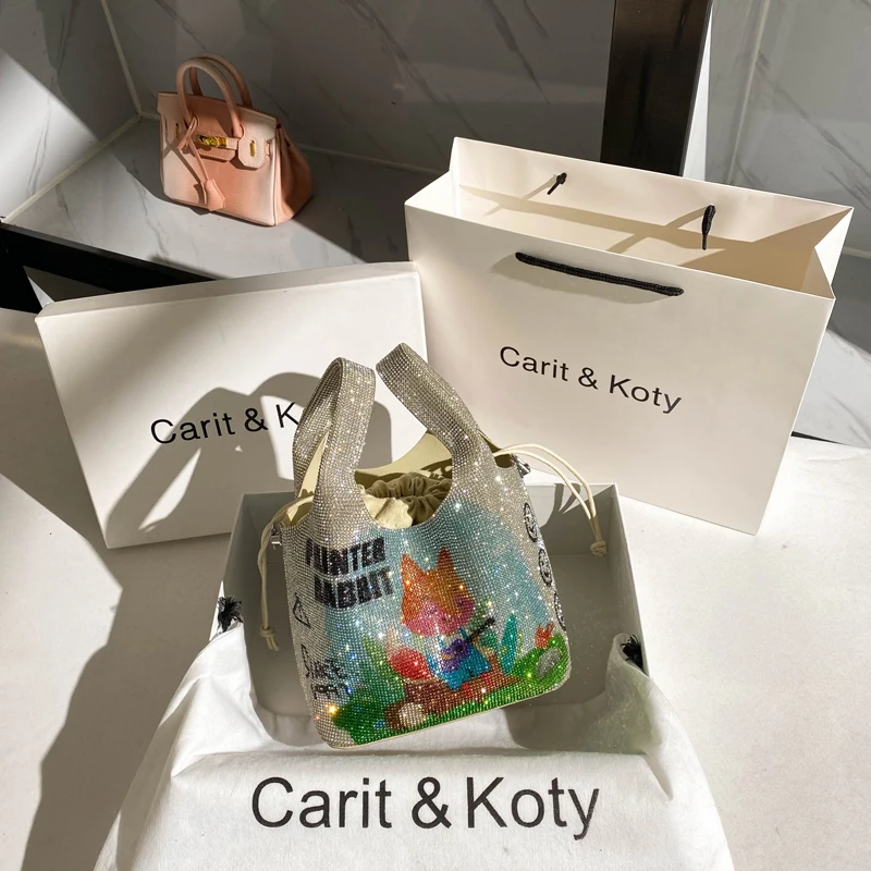 

Rainbow Color Cartoon Printing Bucket Bag New Trendy Hand-held Diamond-studded Rhinestone Handbag Bling Shiny Party Clutch Purse