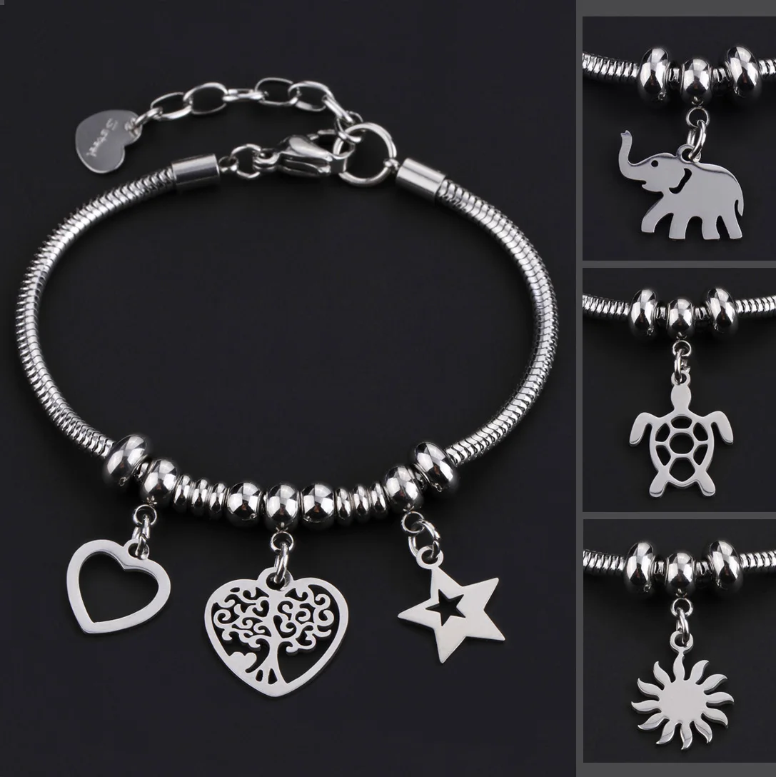 

Full Stainless Steel Women Bracelet On Hand Love Heart Angel Moon Cat Evil Eye Elephant Fashion Jewelry Friends Gifts Wholesale