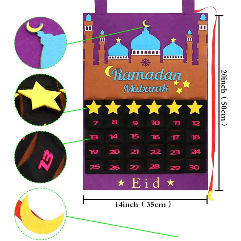 

30 дней ИД Мубарак обратный отсчет подвесной фетровый календарь с карманом мусульманский балар декор для вечерние ИД Рамадан Мубарак подарки