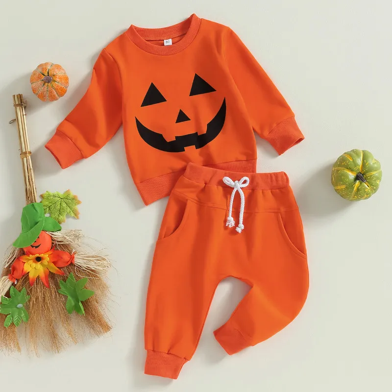 

Halloween Toddler Baby Girl Boy Pant Sets Autumn Clothes Outfits Long Sleeve Pumpkin Face Print T-Shirt and Pocket Pants Set