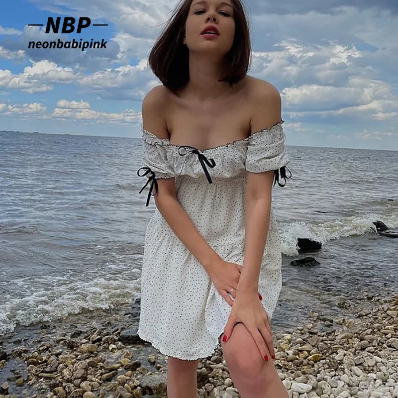 

NEONBABIPINK французское модное короткое платье в горошек летняя одежда для женщин с бантом с открытыми плечами праздничные платья