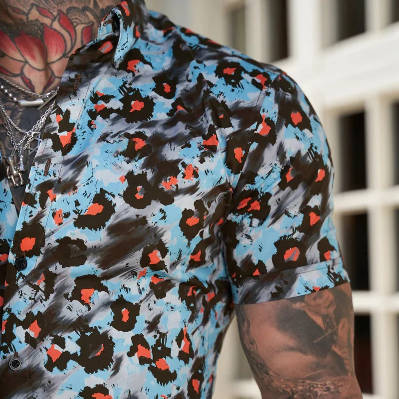 hot selling new trendy brand mens business cardigan mens leopard print loose lapel summer short sleeved casual shirt free global shipping