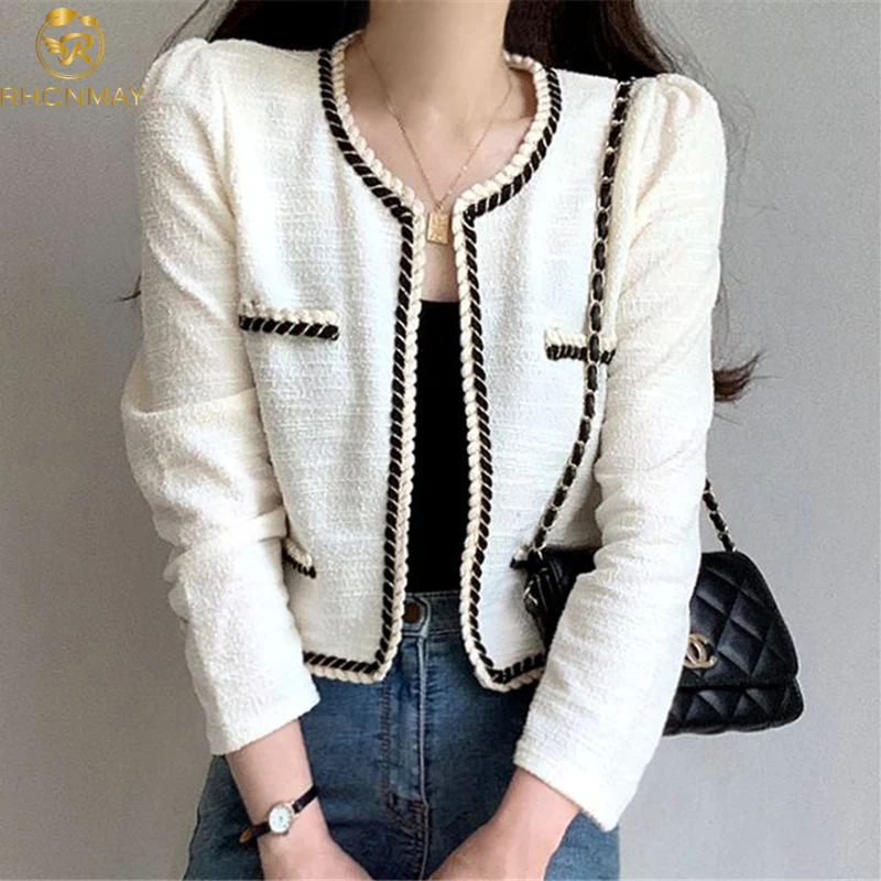 

Small Fragrance Luxury Tweed Jackets Women 2020 New White Long Sleeve Covered Botton Wool Blend Runway Fashion Jacket Coat