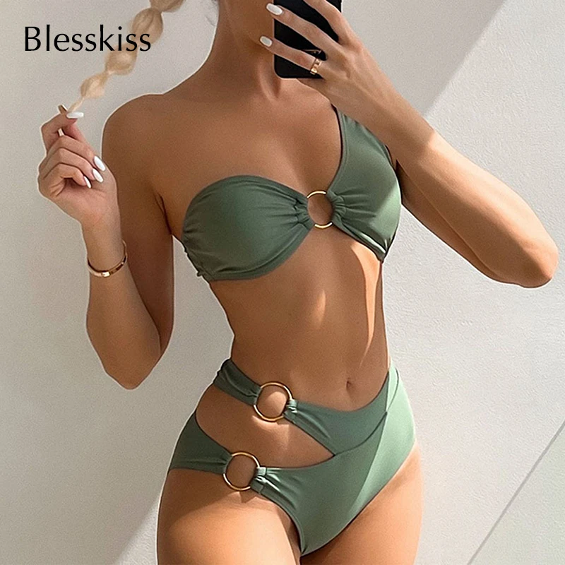 

Сексуальное бикини с вырезами, 2022, женский купальник с одним плечом, пуш-ап, комплект бикини с высокой талией, бандажный купальный костюм, зеленый
