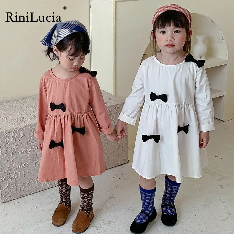 

RiniLucia Girls Dress 2022 Autumn New Sweet Long-Sleeved Dress Children Baby Kids Princess Bowknot Dress Children Clothing