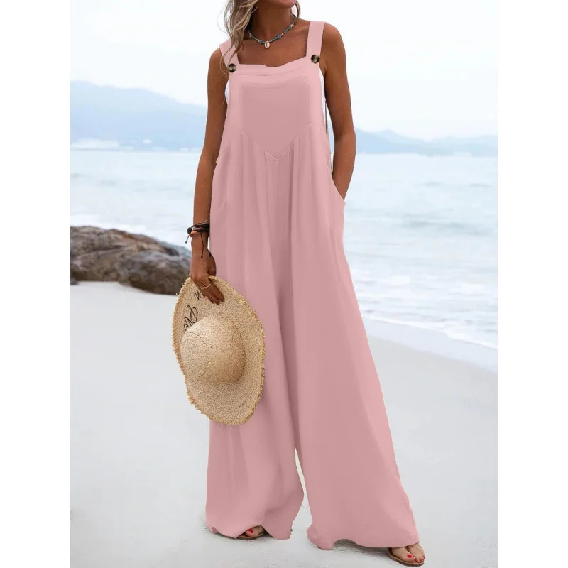 

2023 Spring/Summer New Ethnic Style Fashion Solid Color Wide Leg Jumpsuit Quick Sale Tongfa European and American Women's Cross