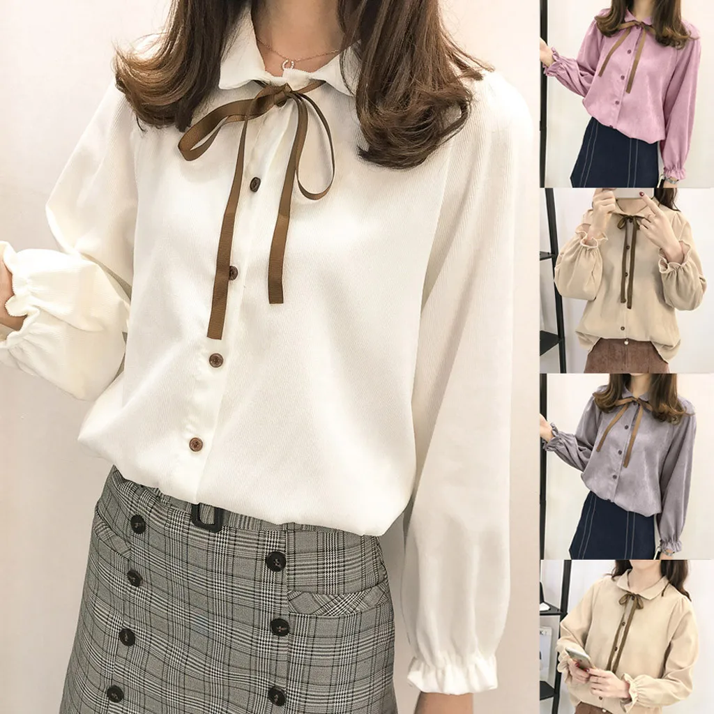 

Striped Womens T Shirt Fashion Winter Women Lace Solid Turn-down Collar Long Sleeve Shirt Tops Blouse Long S with Pockets
