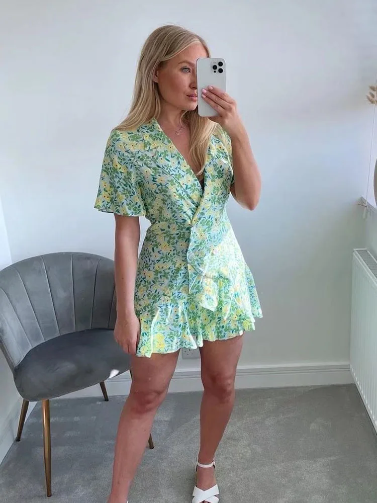 

Женское платье с цветочным принтом DYLQFS, свободное пляжное мини-платье в стиле бохо с коротким рукавом и V-образным вырезом, лето 2022