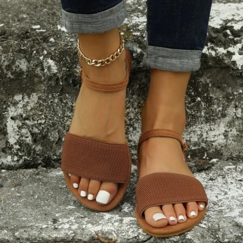 Women Minimalist Ankle Strap Sandals Brown Fabric Fashion Office Classy Ladies Slides Summer Comfy Light Leisure Outdoor Shoes