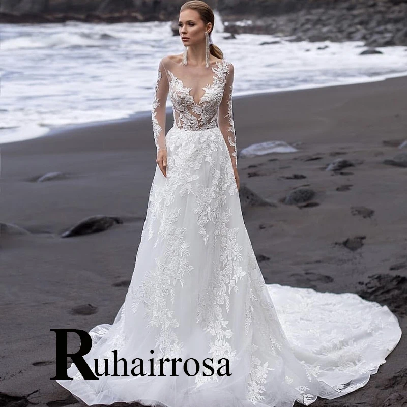 

Ruhair Illusion Sexy Wedding Dresses Appliques Brush Train Long Sleeves Beach Dropping Shipping Vestidos De Novia Brautmode
