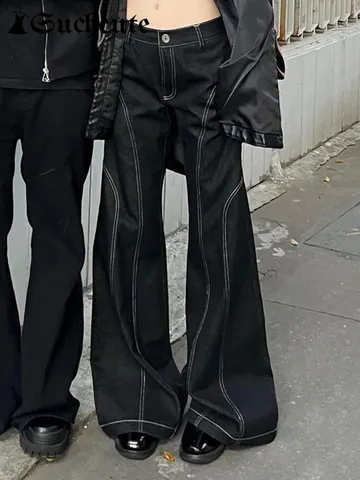 SUCHCUTE Dark Academia Stitch Cargo Flare Jeans Harajuku Low Waist y2k Black Denim Trousers Punk Style Baggy Pants Gothic Summer