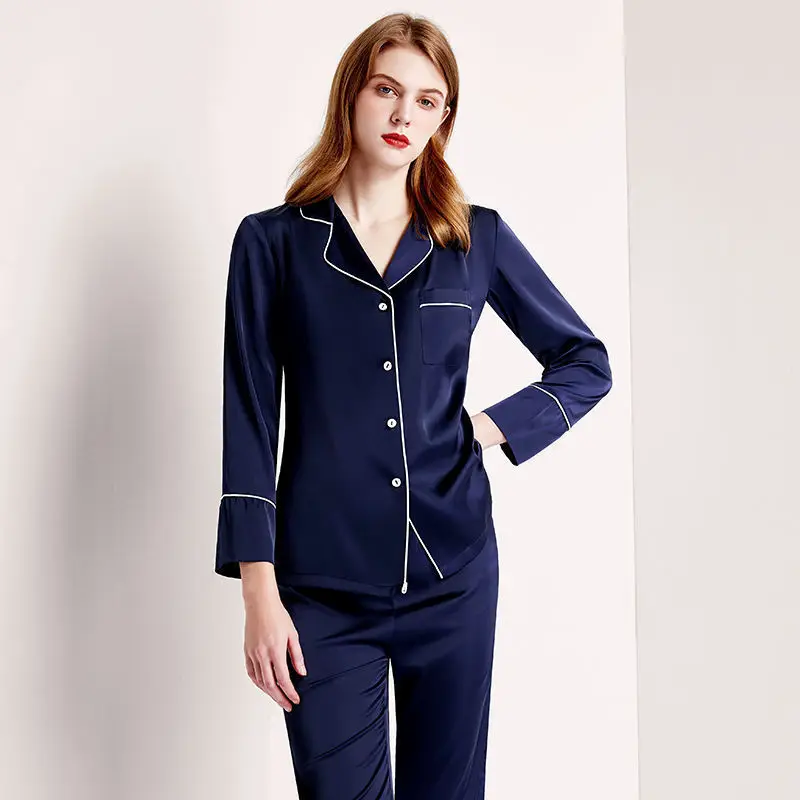 

Pajama woman set summer silk sleepwear solid color lapel cardigan long pijama plus size loungewear 2-pjs elegant Women's pajamas