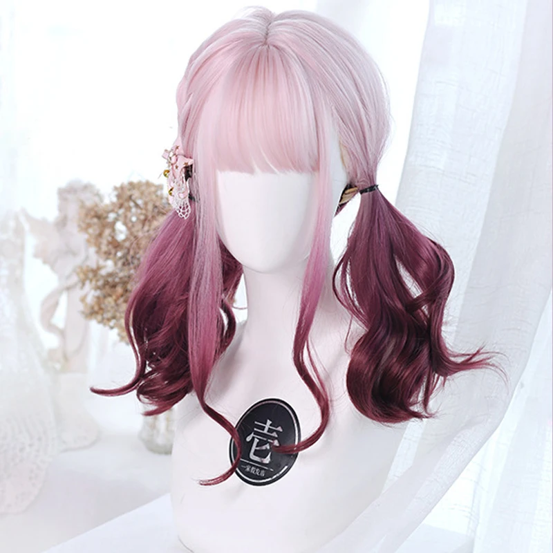 Lolita Wig Synthetic Long Curly Hair Female Powder White Gradient Wine Red Anime Cosplay Wig With Bangs