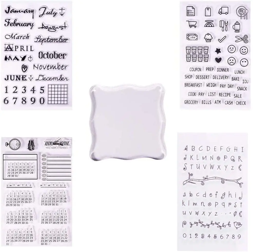 

4 PCS Clear Silicone Stamps Alphabet Symbol Stamp Seal Calendar Planner Stamps with Square Acrylic Block Pad