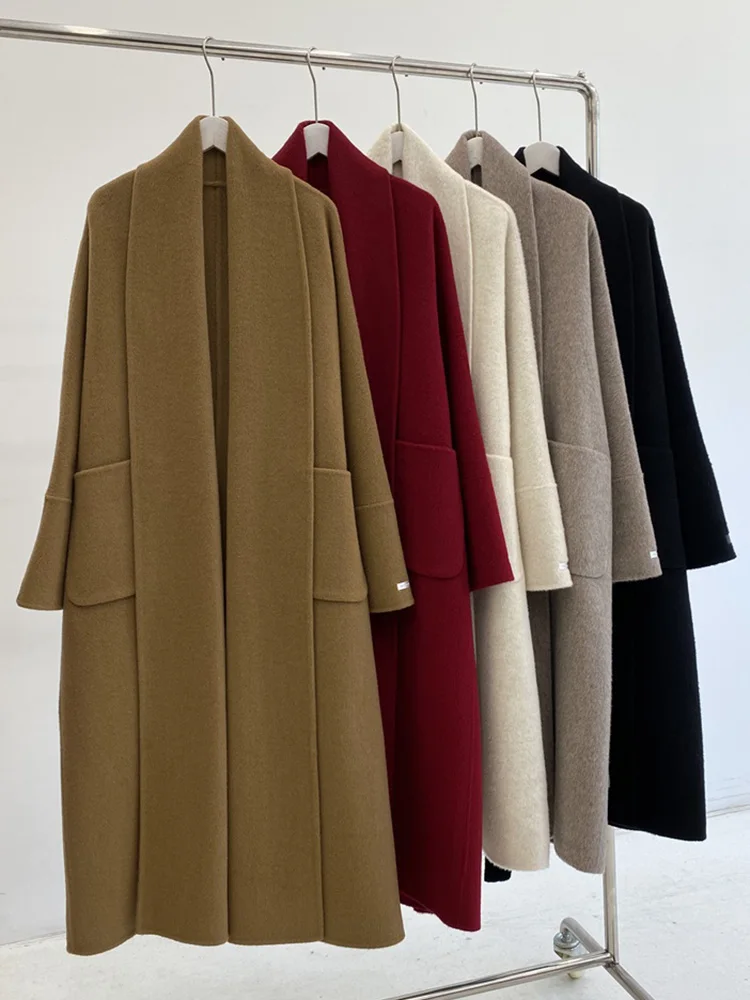 Высококачественное длинное двустороннее кашемировое шерстяное пальто женское