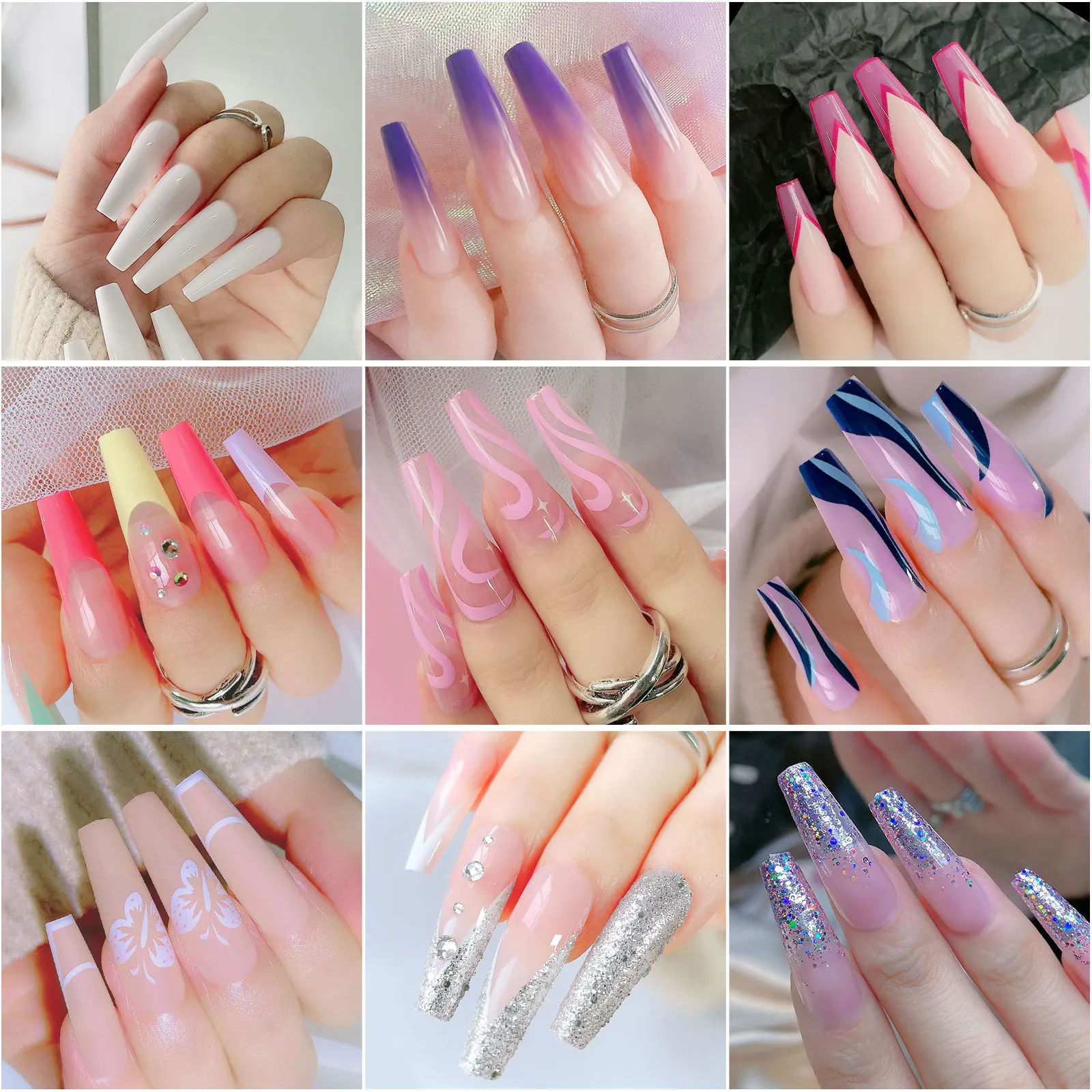

24pcs Purple Pink Glitter Fake Nails Coffin Ballerina Ladies Fingernails Long French Gradient Press On False Nails