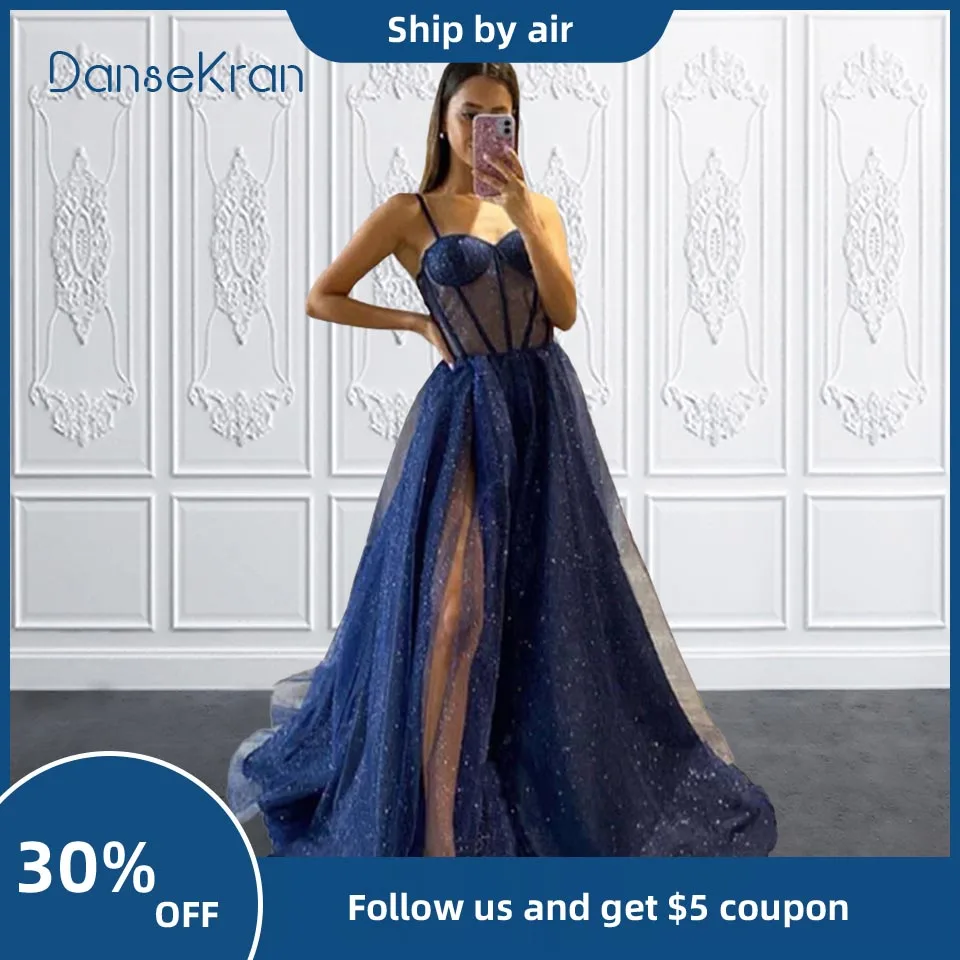 

Темно-синий блестящие выпускные платья 2023 Элегантный иллюзия Милая Длинные формальные случаю платье с боковой разрез для вечеринки