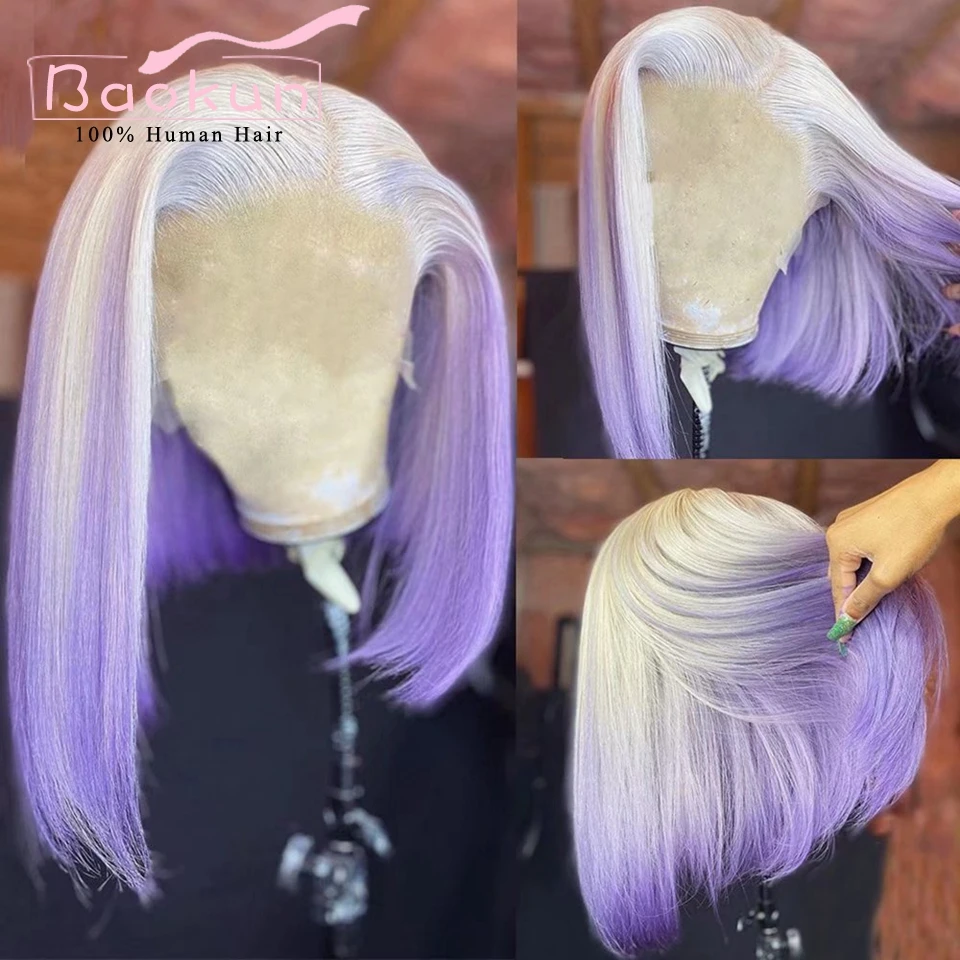 

Purple Blue Bob Straight Lace Front Wigs For Women Human Hair Transparent 13x6 HD Lace Frontal Wig Ombre Short Human Hair Wigs