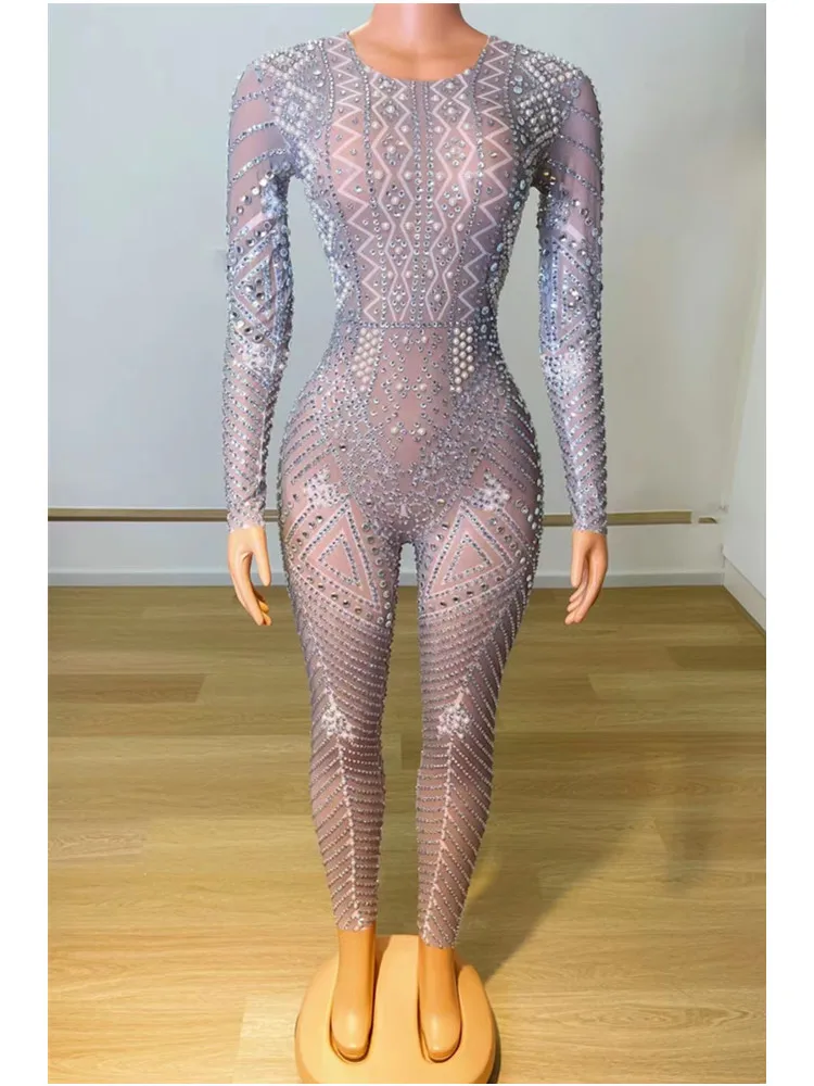 

Evening Celebrate Outfit Bodysuit Silver Rhinestones Gray Transparent Jumpsuit Dancer Show Birthday Sexy Stretch Costume