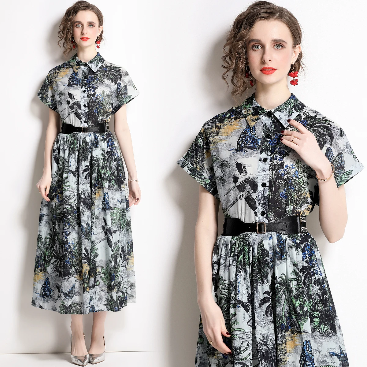 

2022 Women's Summer New High-end Temperament Lapel Waist Closed Short Sleeve Printed Cotton Party Dress with Lining and Waist