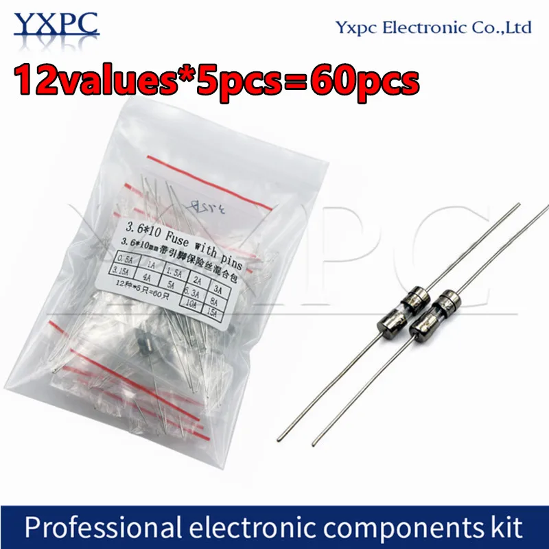 

12values*5pcs=60pcs 3.6*10mm Glass fuse Slow blow 250V 3.6x10 T0.1A-15A