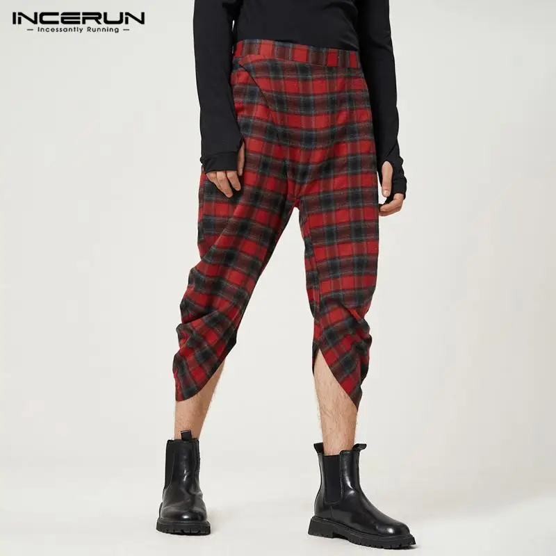 

INCERUN Men Plaid Pants Elastic Waist Streetwear Loose Joggers Vintage Wide Leg Irregular Trousers 2022 Leisure Pantalon S-5XL