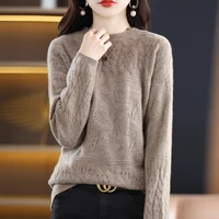 autumn new pure wool womens round neck temperament knitted sweater loose all match knitted bottoming shirt long sleeved top