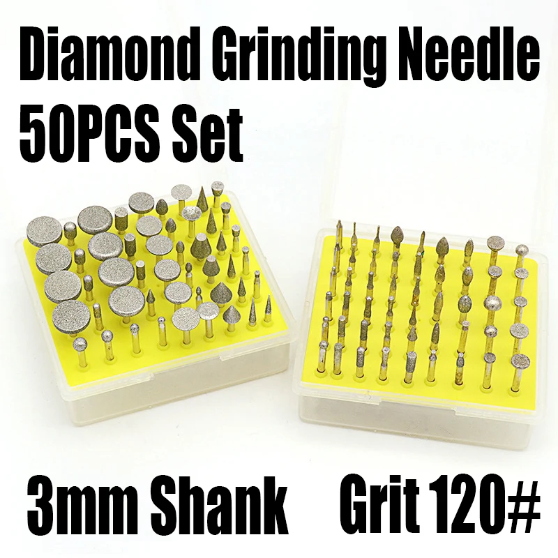 

50PCS Diamond Grinding Head Set 3mm Shank Grinding Bit Needle For Polishing Carving/Burr/Jade/Stone Dremel Tool Abrasive Tool