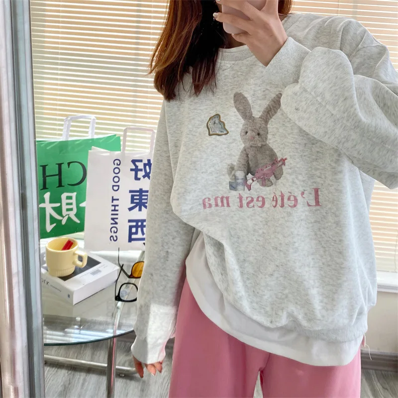 

ZITY Cartoon Sweater Women Spring Style 2022 New Korean Version Loose Rabbit Print Lazy Wind Pullover Top Women Hemp White