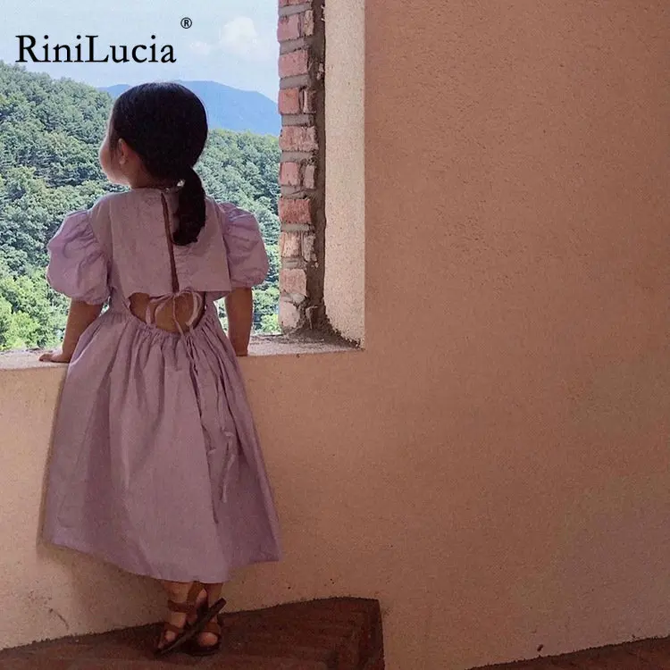

RiniLucia 2022 Summer Girls Kids Princess Puff Sleeve Dress Children Baby Infants Solid Backless Pleat Dresses Casual Vestidos