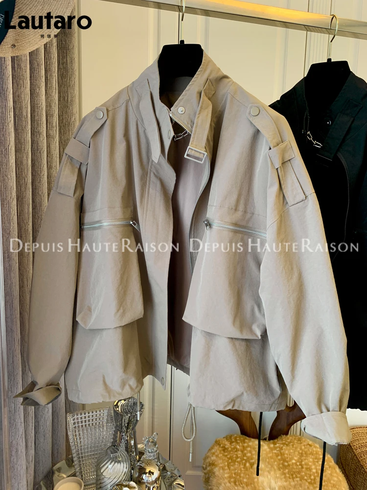 

Lautaro Spring Autumn Oversized Khaki Black Light Windbreaker Women Stand Collar Pockets Zipper Luxury Designer Cargo Jacket