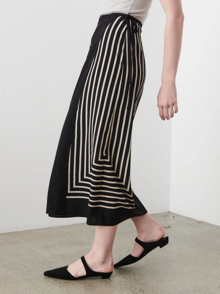 Women Skirt Striped Geometric One-piece 100% Silk Wrap Midi Skirt
