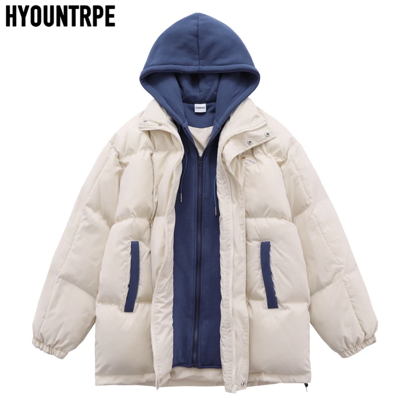 Mens Patchwork Hooded Jackets Hip Hop Warm Thick Cotton Padded Coat Harajuku Casual Zipper Winter Parkas Jacket Outerwear Coats