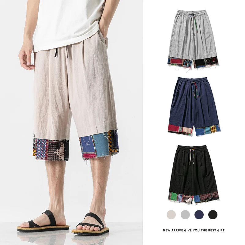 

Summer Thin China Style Shorts Men Cotton Hemp Loose Casual Fashion Patchwork Design Casual Short Pants Sports Beachwear Unisex
