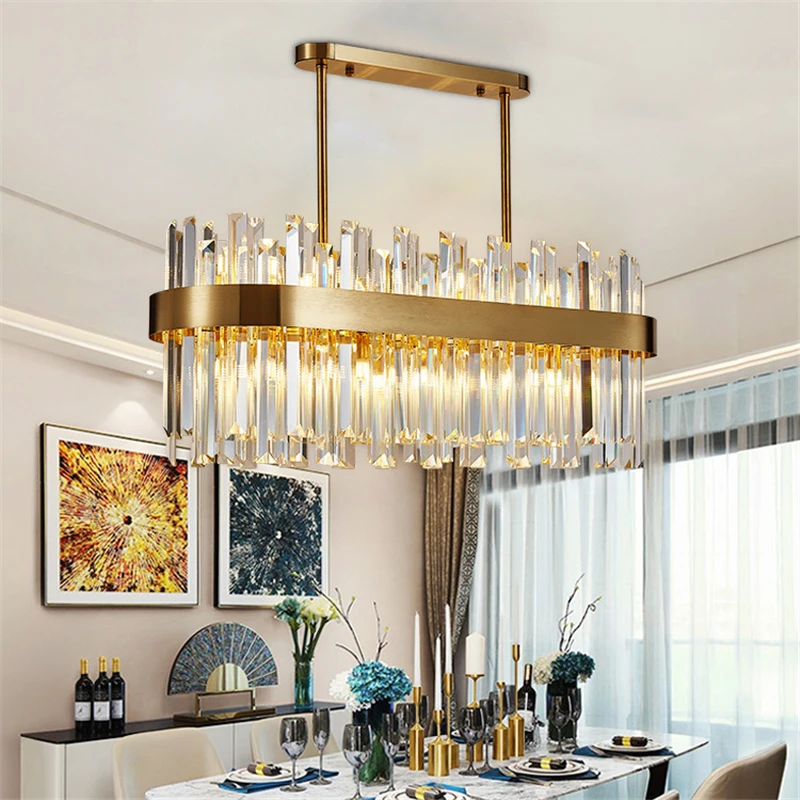 

Modern crystal chandelier for dining room brushed gold led cristal lamp kitchen island hang light fixture oval design lustre