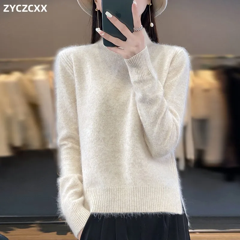 

100%Pure Mink Ccashmere Women's Half Turtleneck Sweater Solid Color Pullover 2023 Autumn/Winter New Thick Warm Sweater For Women