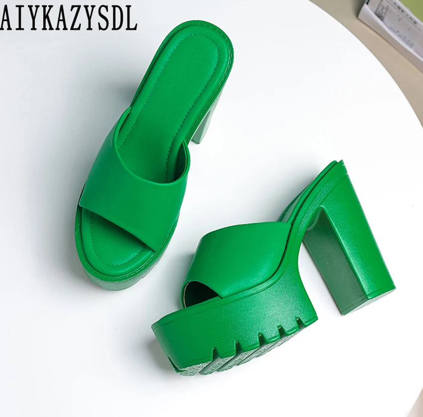 

Зеленые и белые туфли AIYKAZYSDL, женская обувь на платформе, массивные туфли на высоком квадратном каблуке, мюли, туфли-лодочки с открытым носко...