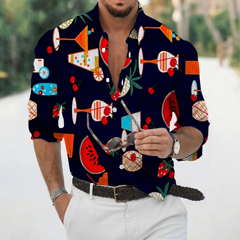 Spring and Autumn Men's Fashion Shirts Lapel Button-Up Tops Men's Casual Floral Digital Printing Long Sleeve Shirts Streetwear