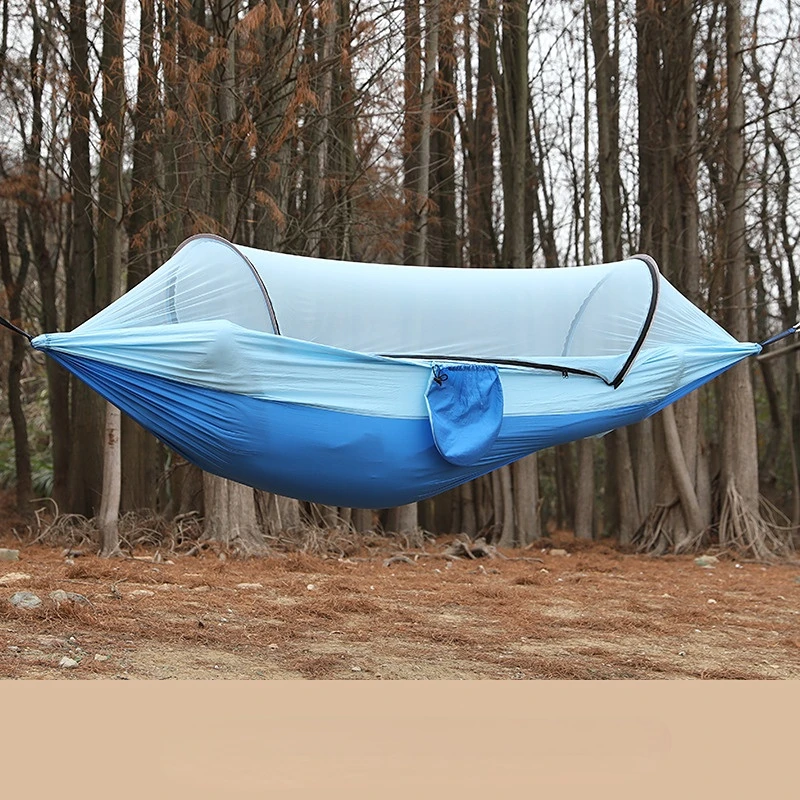 Outdoor Camping Anti-rollover Nylon Hammock with Mosquito Net Single / Double Person Automatic Quick Opening Pole Hammock