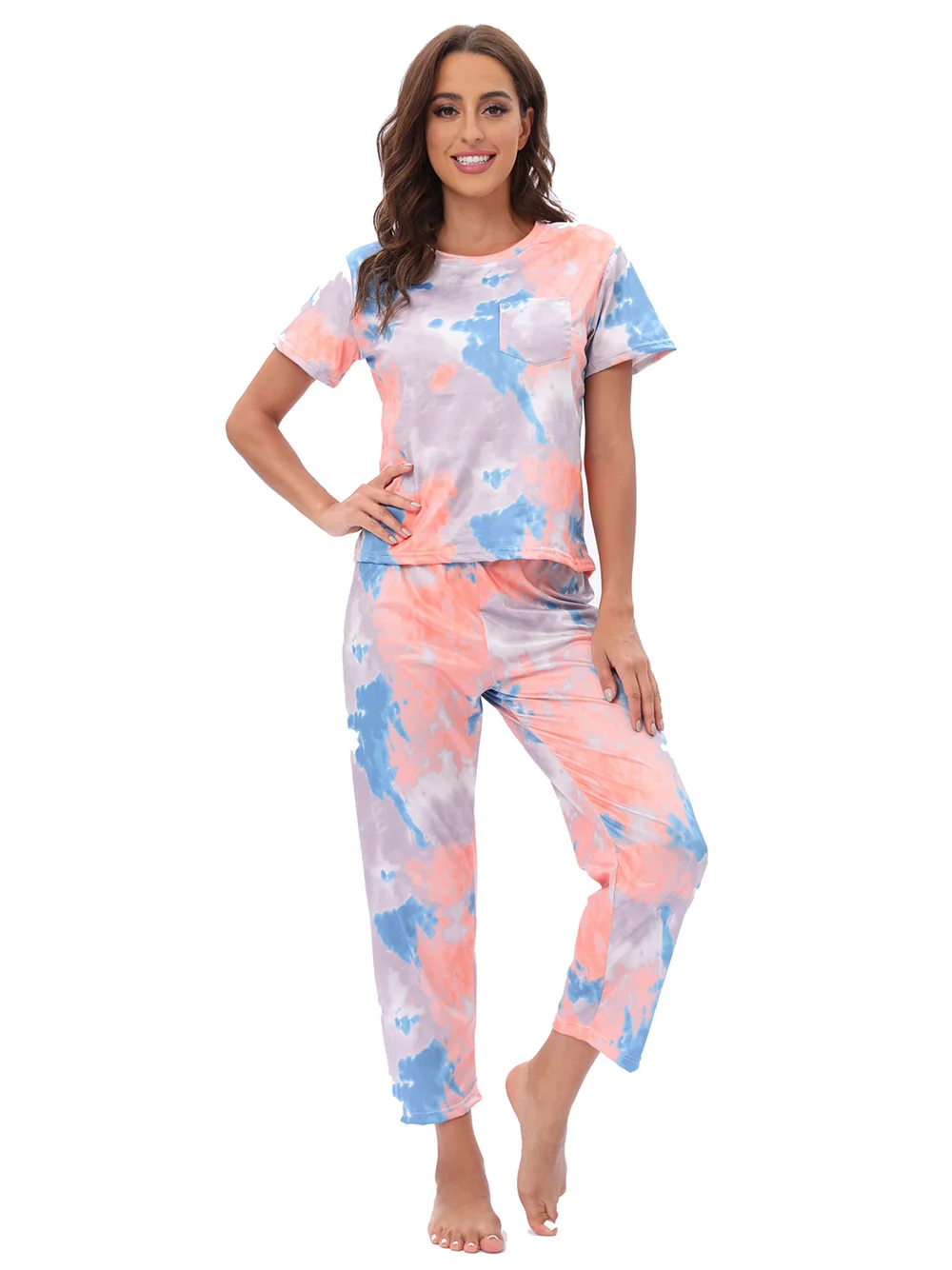 Women's Two-Piece Pajama Set Tie-Dye Printed Long Casual Set Short Sleeve Top and Pants Pajama Loose Leisure Homewear