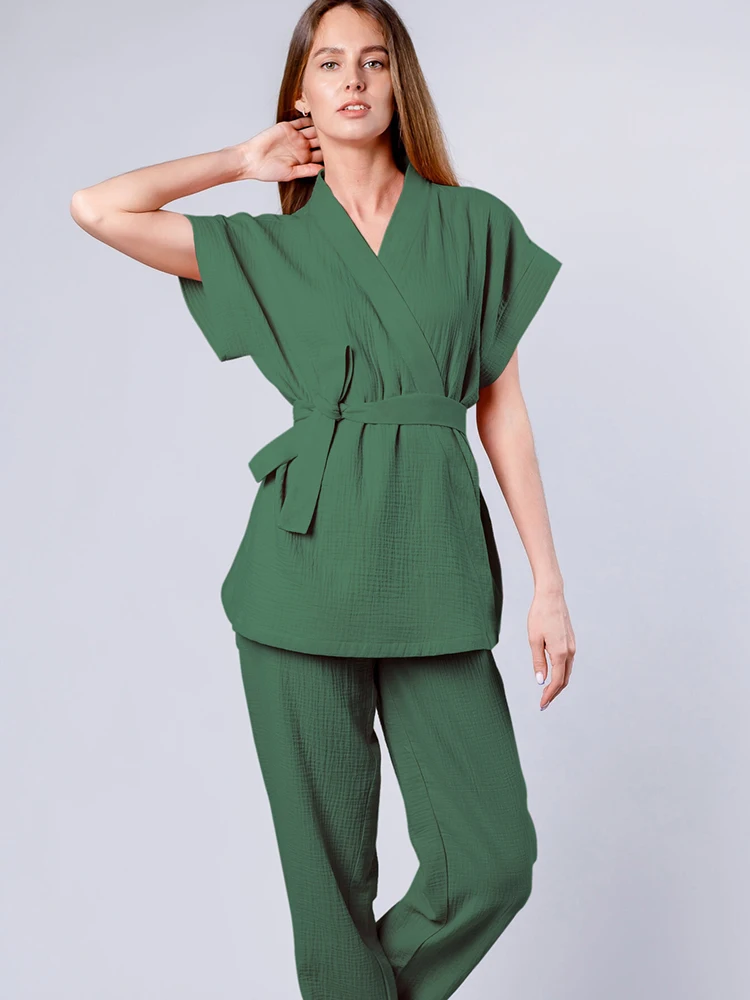 

Linad Green Pajamas For Women 2 Piece Sets Cotton V Neck Short Sleeve Sleepwear Female 2023 Summer Casual Trouser Suits Solid