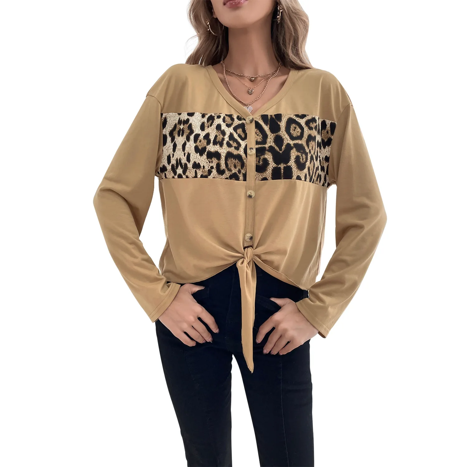 

Women Leopard Print Long Sleeve Blouse V-Neck Lace Up T-Shirt Casual Baggy Pullover Korean Fashion Tops Autumn Tee Shirt Clothes