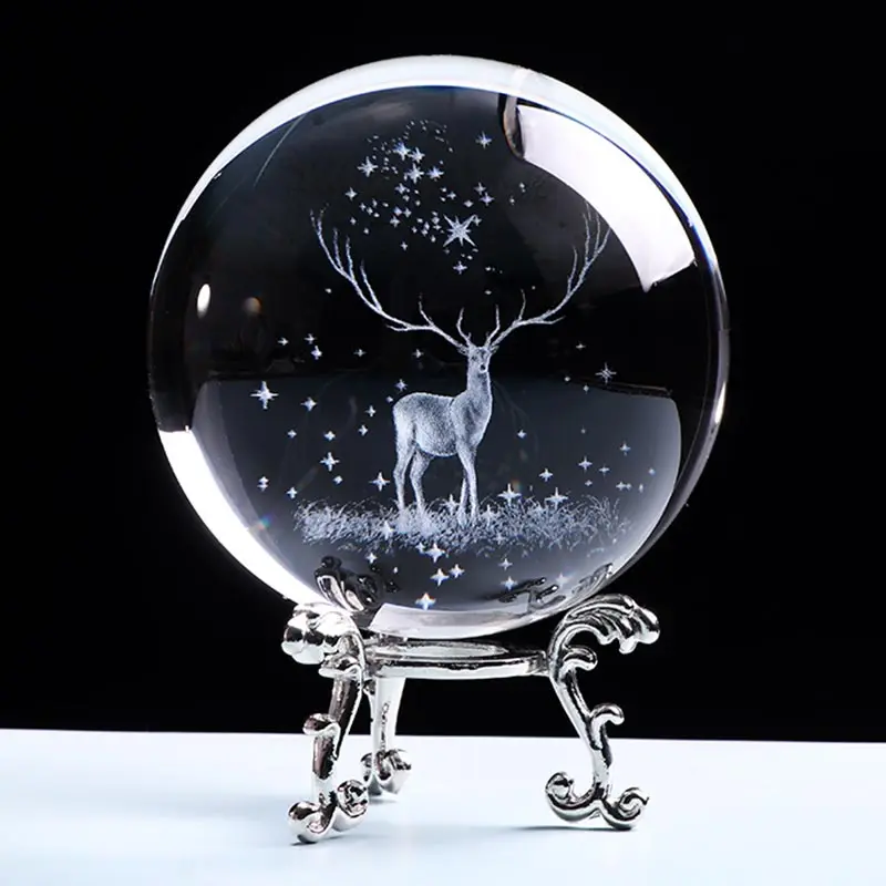 

C3 3D Wapiti Ball Laser Engraved Glass Globe Crystal Ornament Miniature Reindeer Home Decor Christmas Decoration Accessories