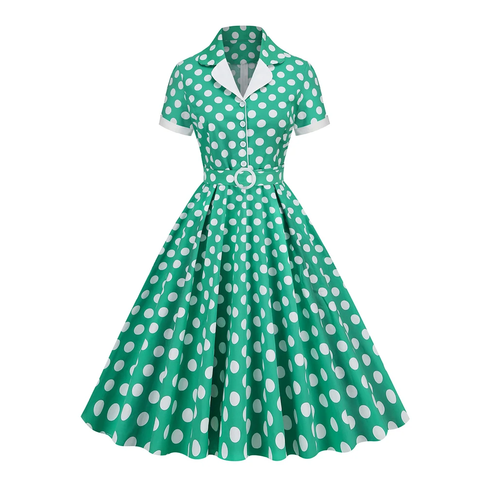 

Green Surplice Neck Wrap Belted Vintage Robes Polka Dot Elegant Dress Women Short Sleeve Summer Midi Dresses VD3997