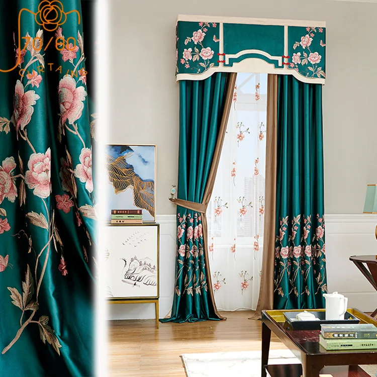 New Chinese Style High-end Imitation Silk Embroidery Stitching Blackout Curtains for Living Room and Bedroom Customization