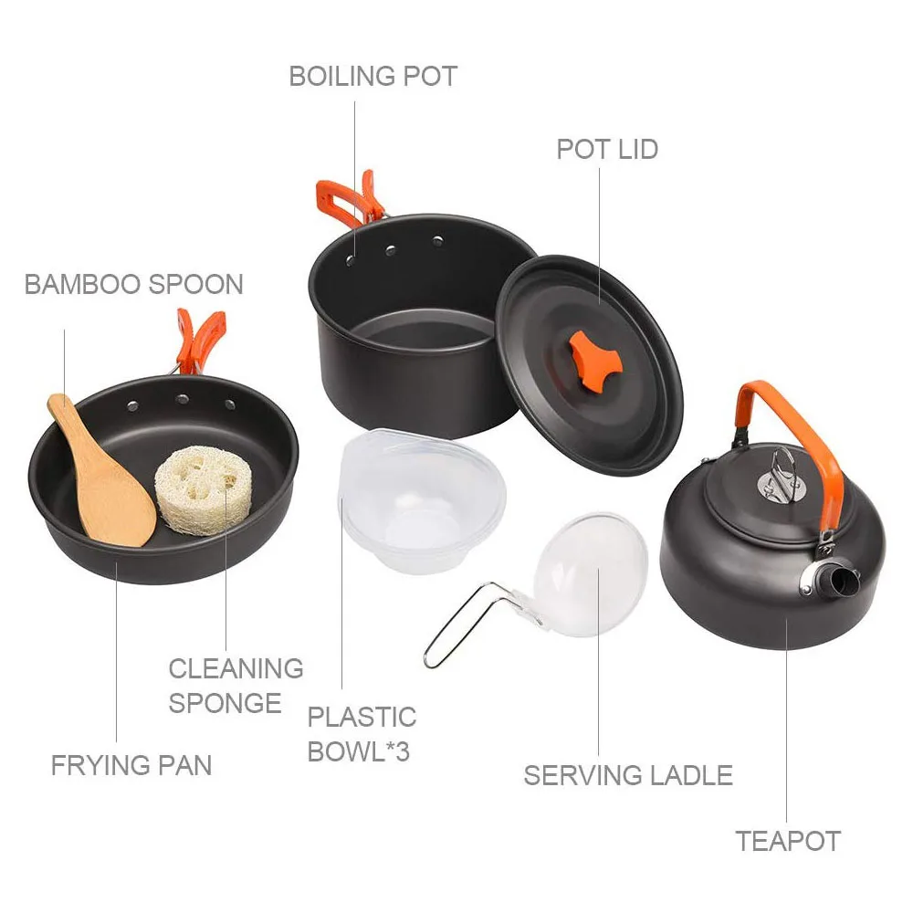 Camping Cookware Kit Outdoor Aluminum Cooking Set Water Kettle Pan Pot Travelling Hiking Picnic BBQ Tableware Equipment |