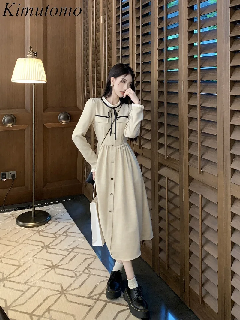 Kimutomo маленькое ароматное платье для женщин контрастное миди на шнуровке с