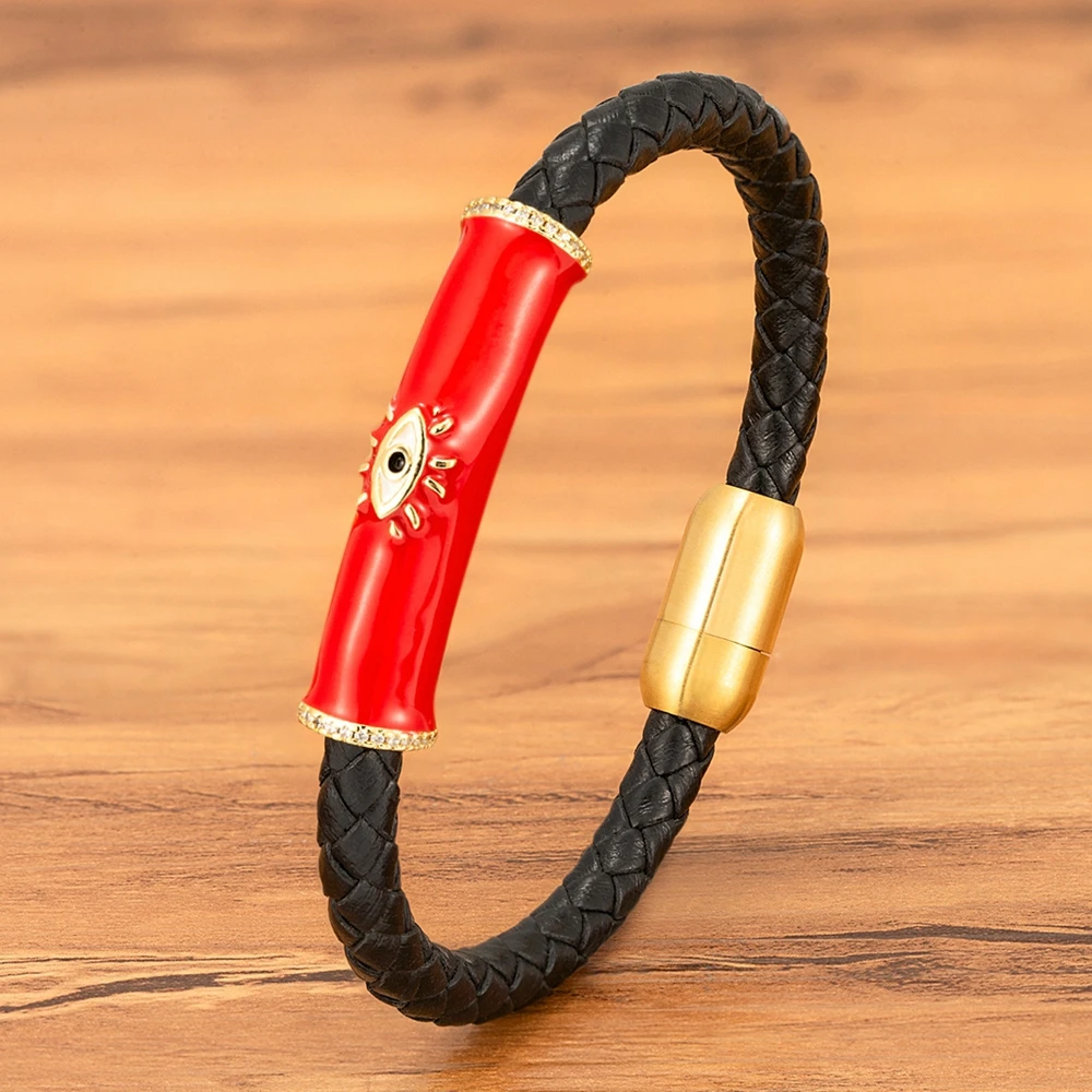 

TYO эмаль цвет сглаза с кристаллом простой плетеный кожаный мужской браслет Магнитная застежка ювелирные изделия подарок Прямая поставка оп...