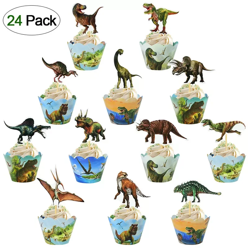 

24pcs Dinosaur Cupcake Wrappers Cake Toppers Kids Dinosaur Theme Jurassic World Animal Birthday Party Cake Decoration Supplies